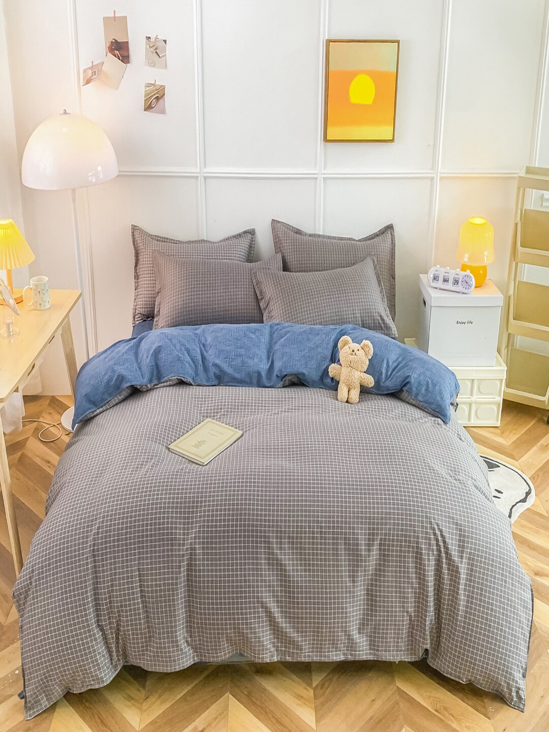 

JC Collection Grey & Blue Checked Double King Bedding Set