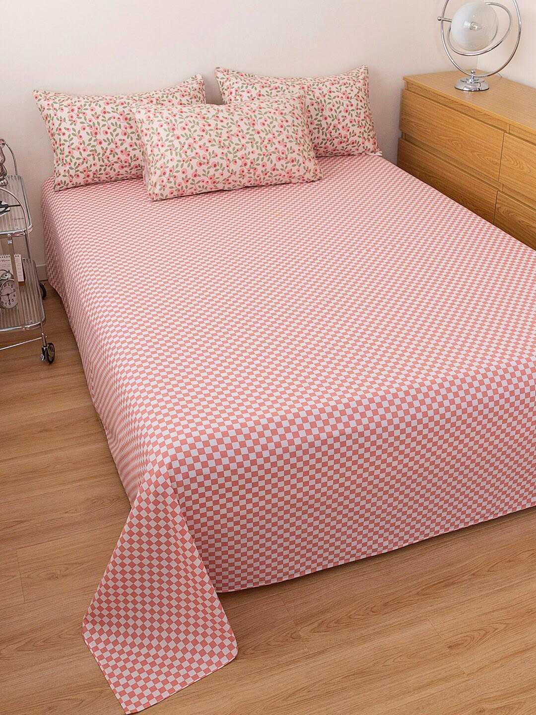 

JC Collection Pink & Green Floral Printed Pure Cotton Double Queen Bedding Set