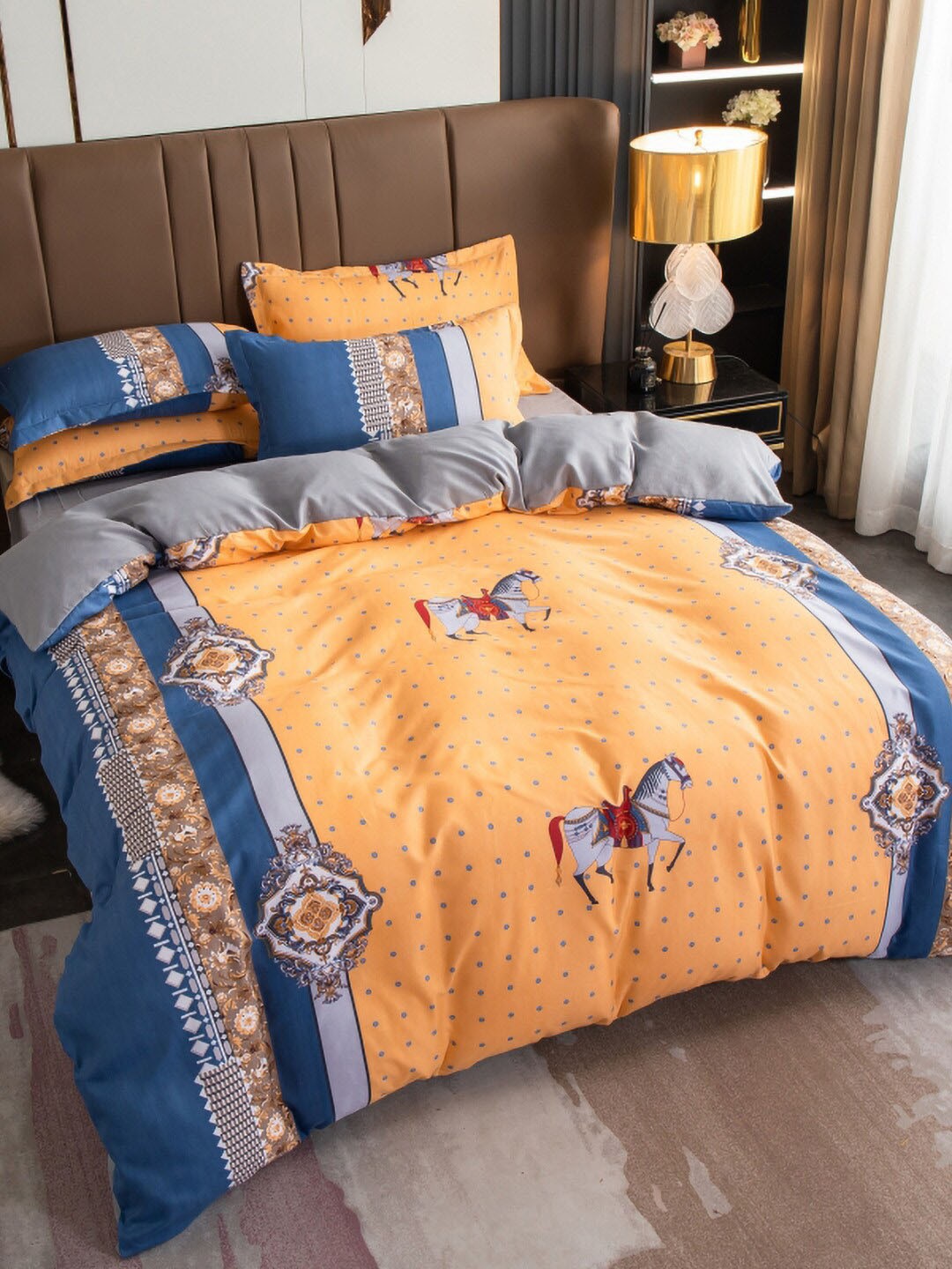 

JC Collection Grey & Orange Ethnic Motif-Printed Double King Bedding Set