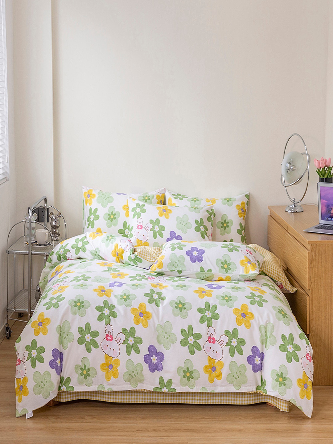 

JC Collection White & Green Floral Printed Pure Cotton Double Queen Bedding Set