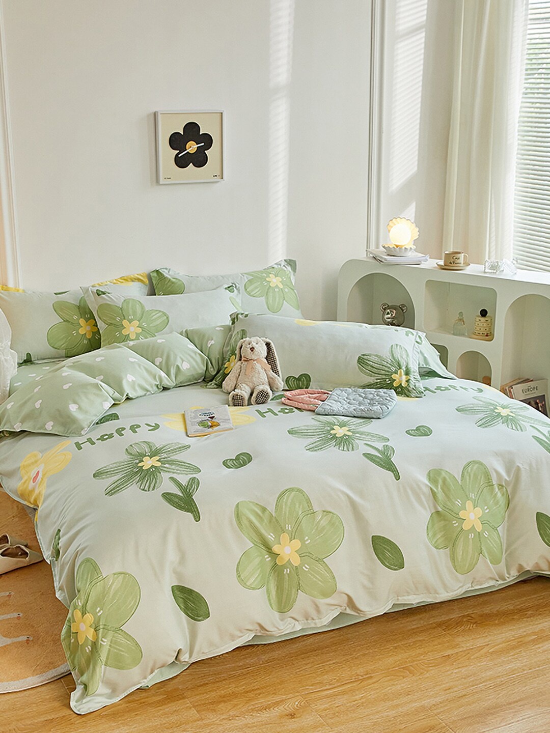 

JC HOME Green & Yellow Floral Printed Single Bed Bedding Set