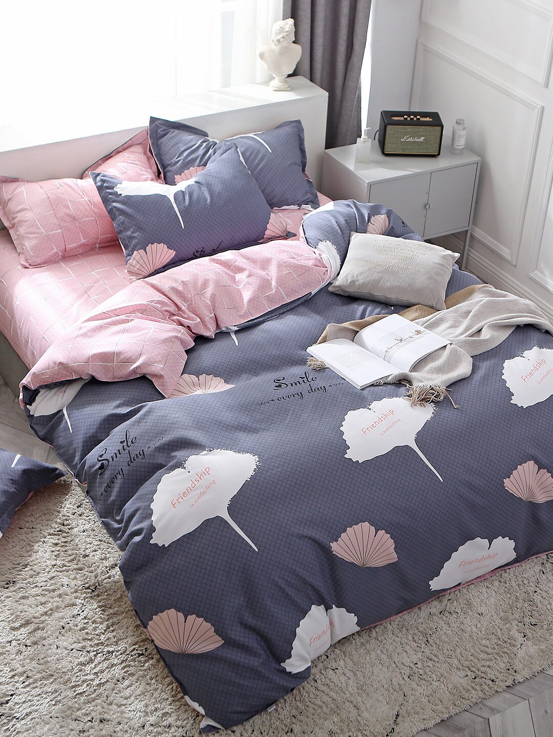 

JC HOME Pink Grey Floral Printed Single Bedding Set