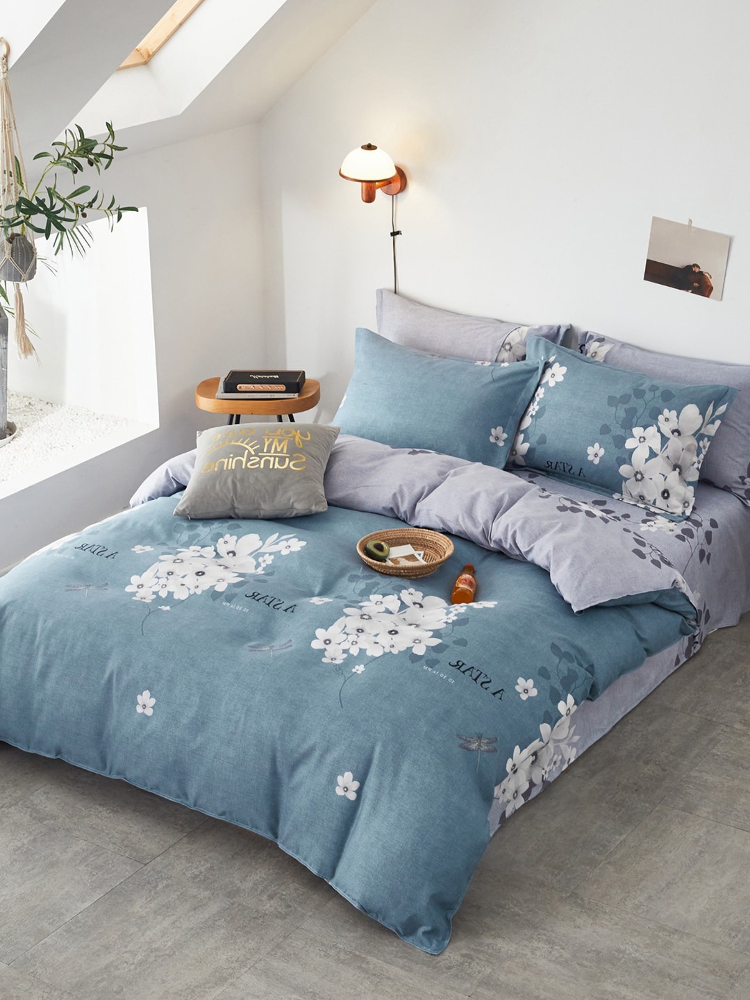 

JC Collection Grey & Blue Floral Printed Double Queen Bedding Set