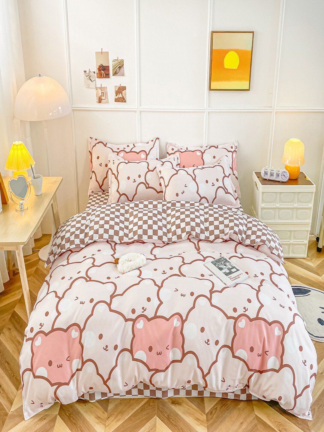 

JC HOME Pink & White Printed Double King Bedding Set