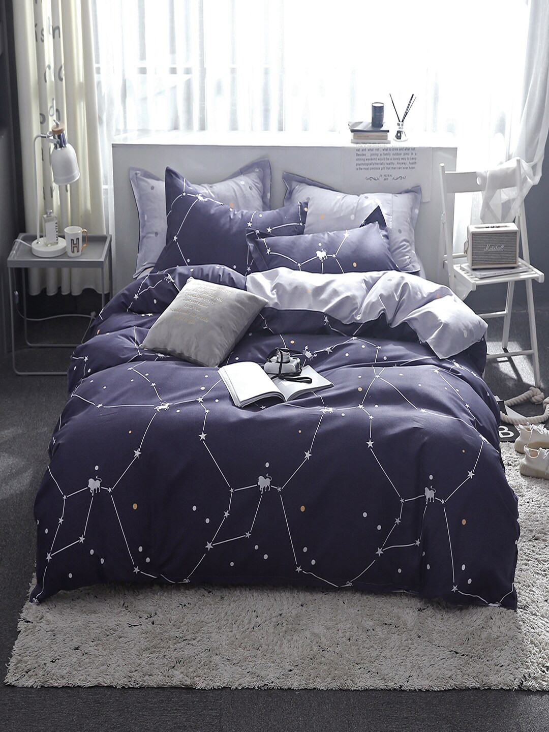 

JC Collection Grey & Navy Blue Printed Double Extra Large Bedding Set