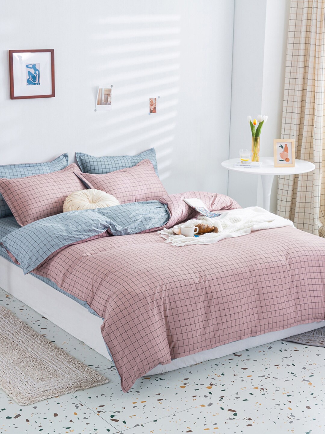 

JC Collection Blue & Pink Checked Double King Bedding Set