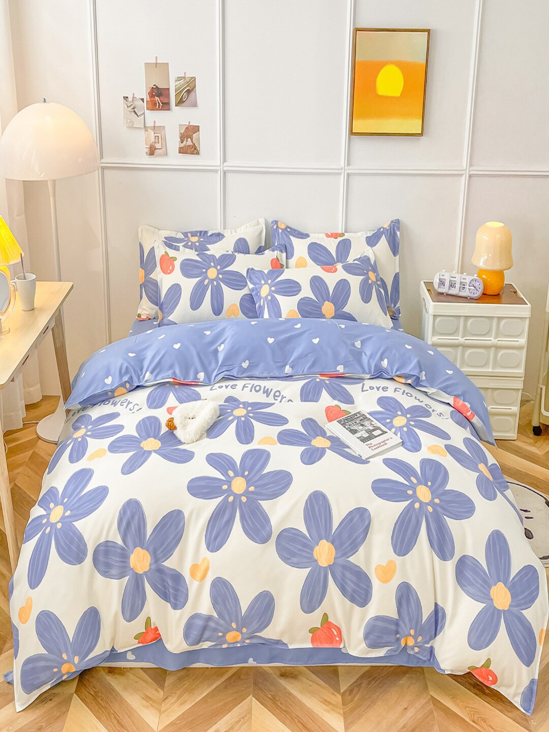 

JC HOME Blue & Beige Floral Printed Double Extra Large Bedding Set
