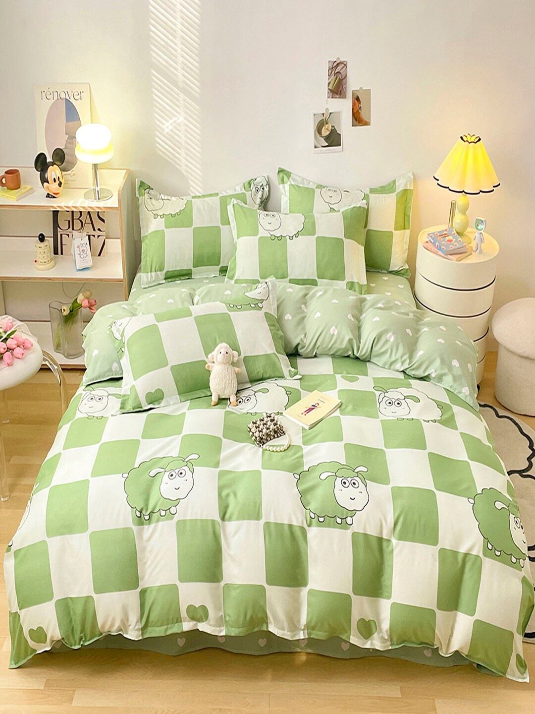 

JC HOME Green & Whited Checked Polycotton Double Queen Bedding Set