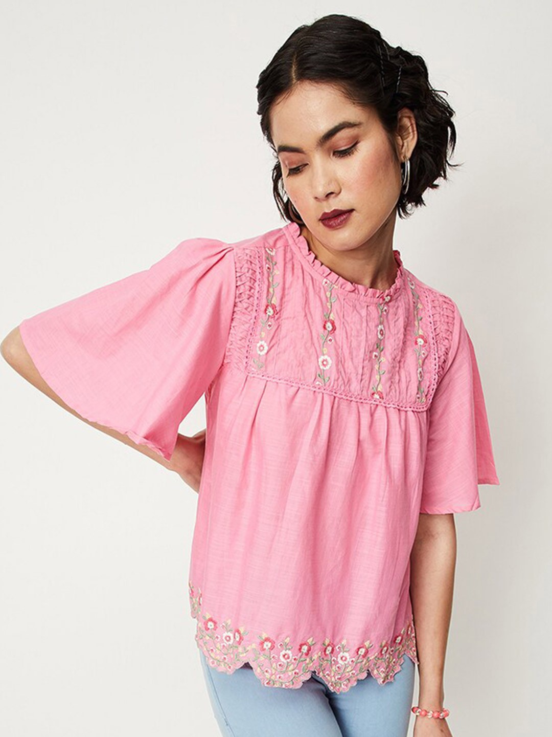 

max Floral Embroidered High Neck Flared Sleeves Pure Cotton A-Line Top, Pink