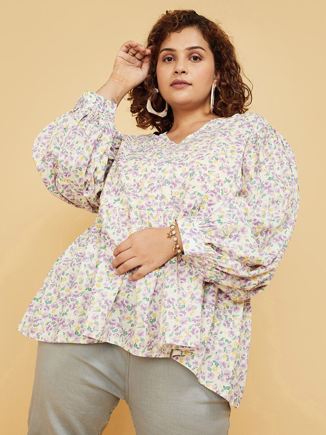 

max Plus Size Floral Printed Puff Sleeves Pure Cotton Top, White