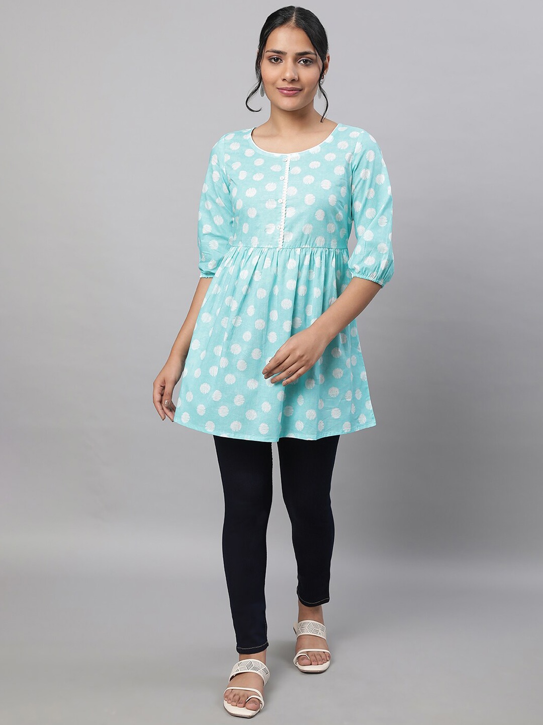 

AURELIA Abstract Printed Puff Sleeves Pleated A-Line Pure Cotton Kurti with Jeggings, Turquoise blue