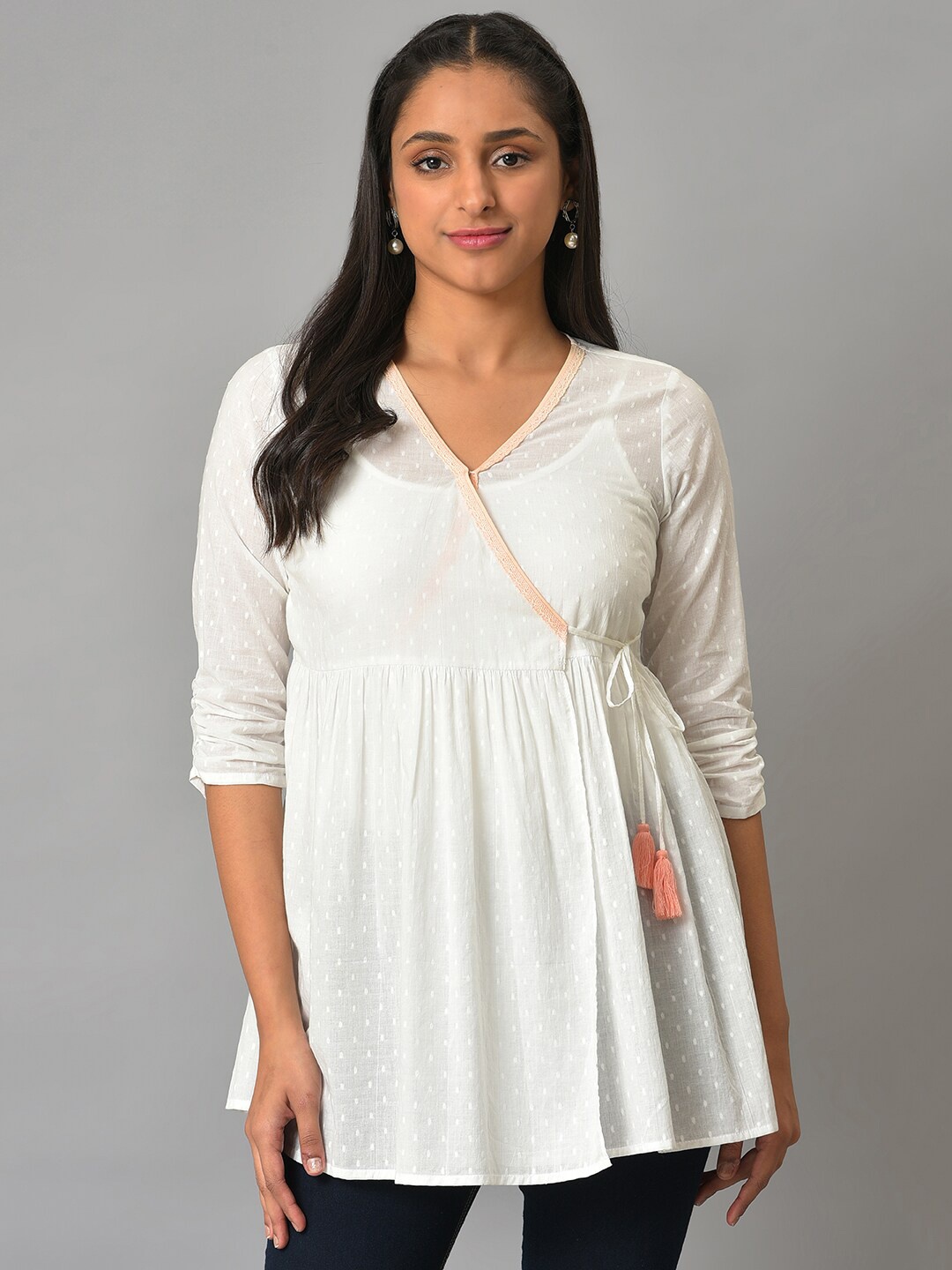 

AURELIA Self Design Angrakha A-Line Pure Cotton Kurti with Jeggings, Off white