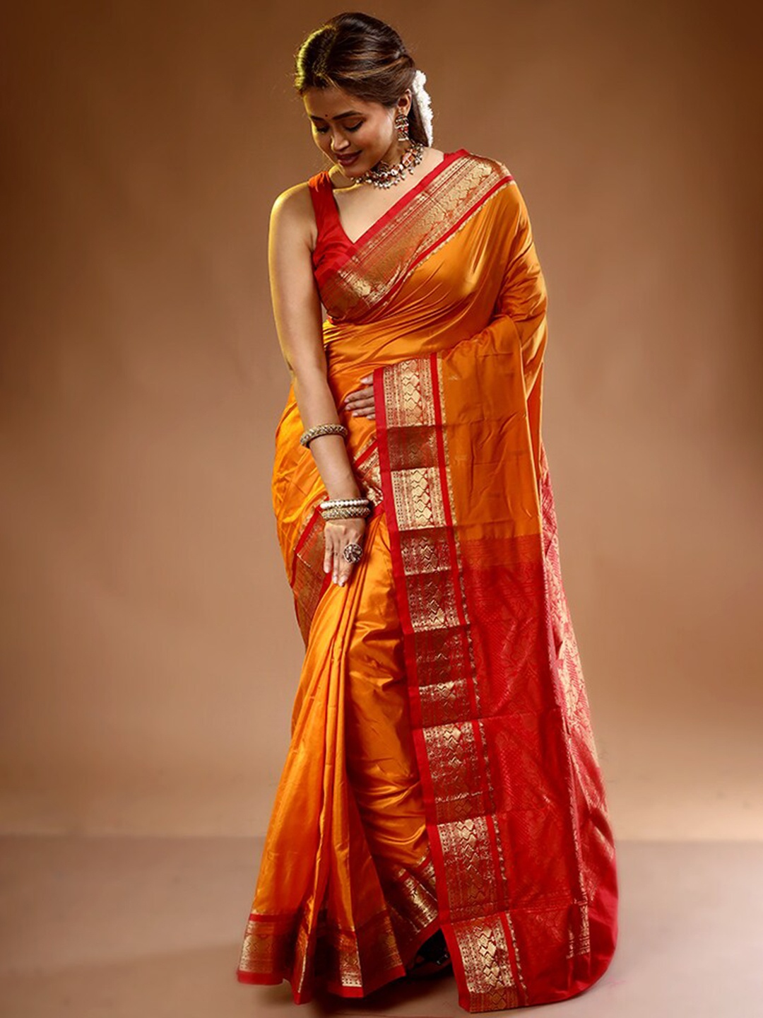 

AllSilks Yellow & Red Pure Silk Kanjeevaram Saree