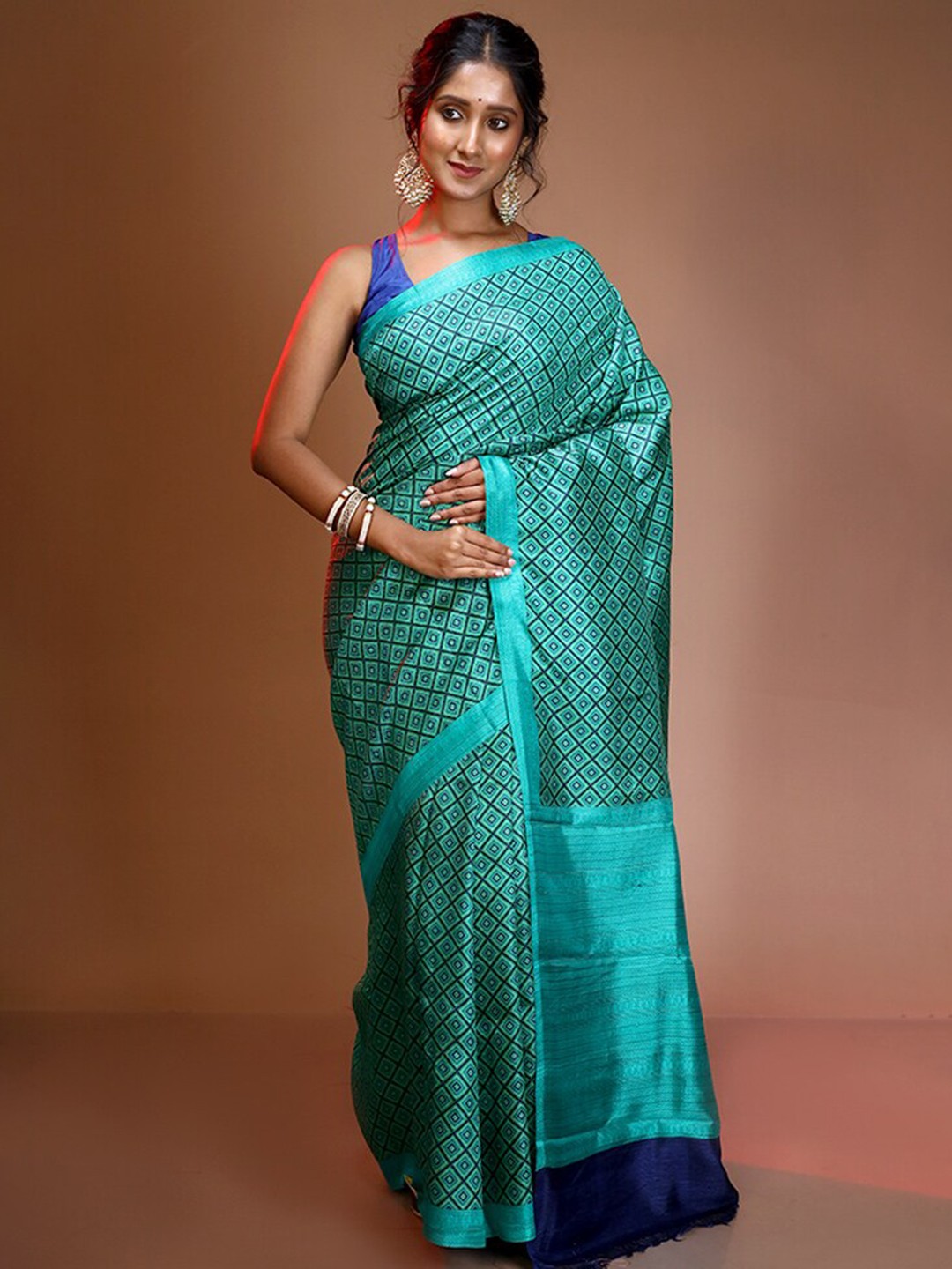 

AllSilks Geometric Printed Pure Silk Saree, Blue