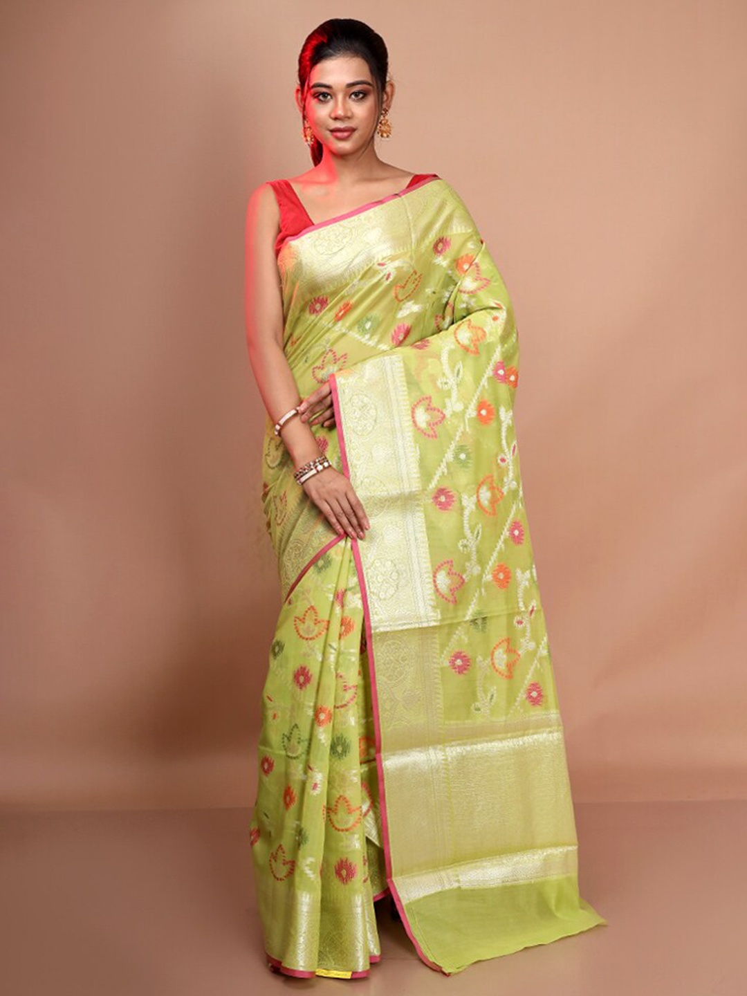 

AllSilks Floral Woven Design Pure Silk Saree, Green