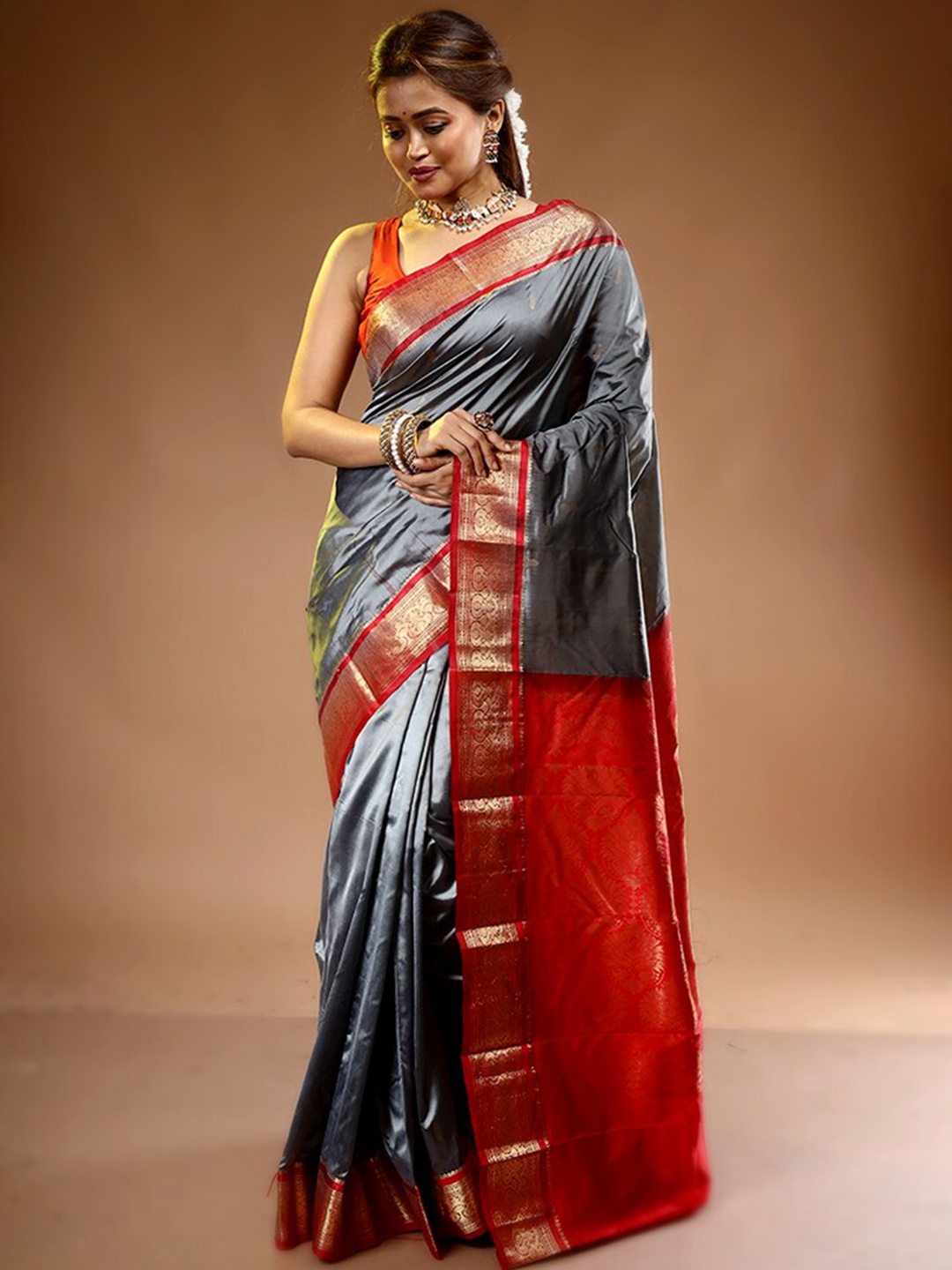 

AllSilks Woven Designn Zari Pure Silk Kanjeevaram Saree, Grey