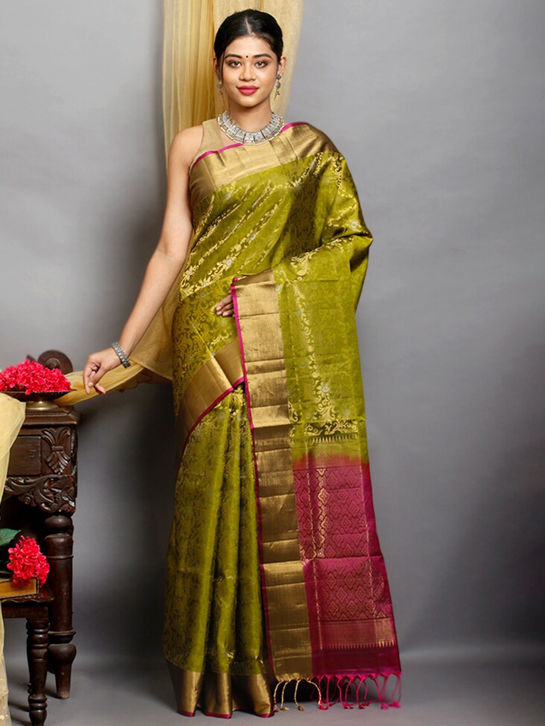 

AllSilks Floral Woven Design Zari Pure Silk Kanjeevaram Saree, Green