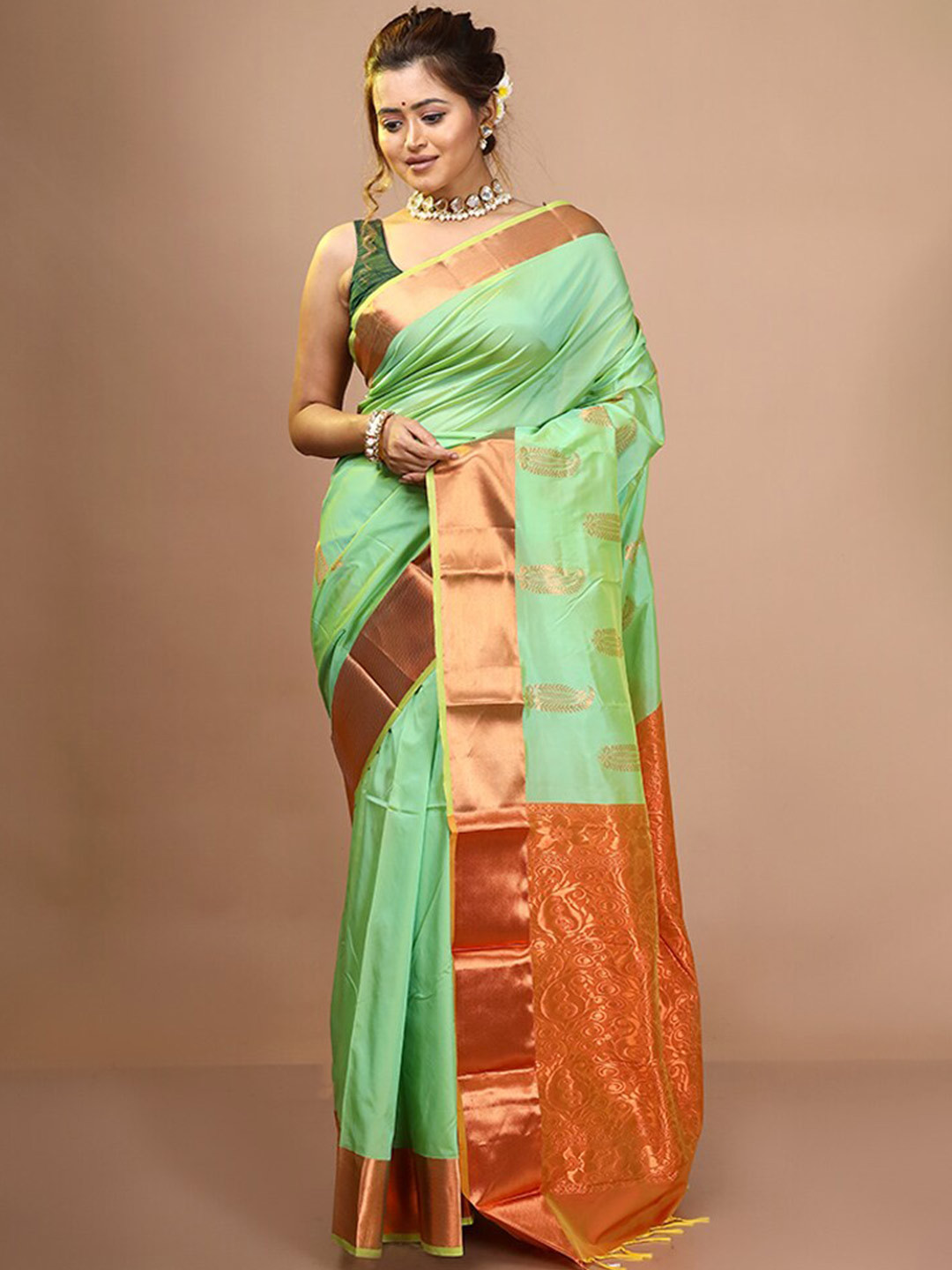 

AllSilks Woven Design Zari Pure Silk Kanjeevaram Saree, Green