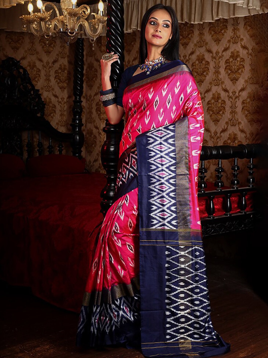 

AllSilks Woven Design Zari Ikat Pure Silk Saree, Pink