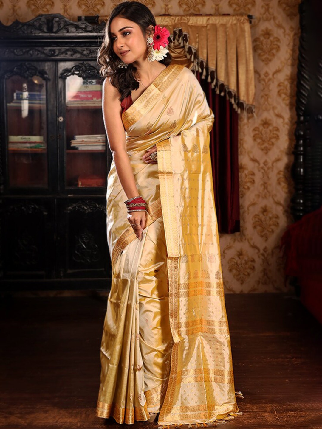 

AllSilks Ethnic Woven Design Pure Silk Saree, Cream