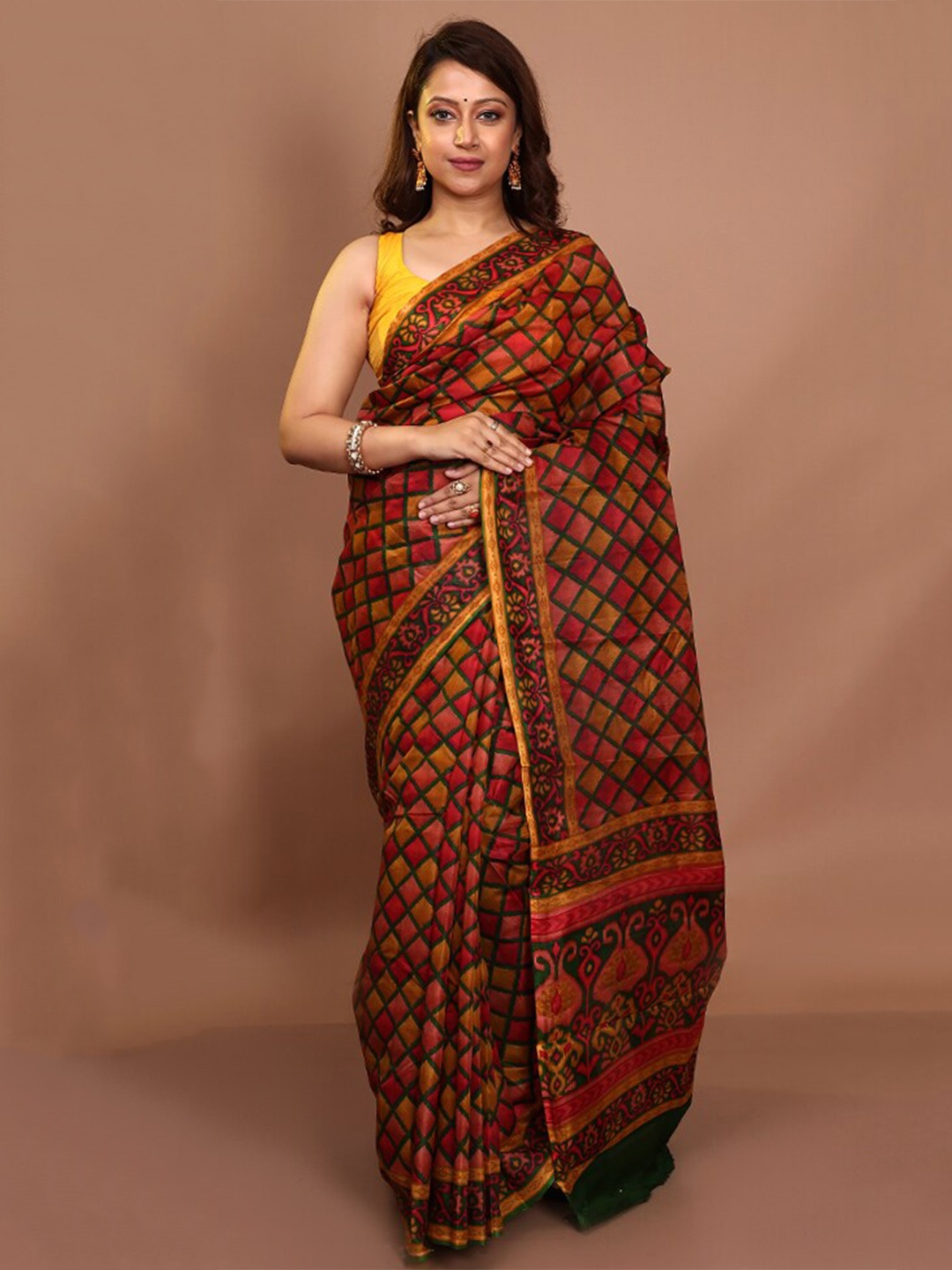 

AllSilks Geometric Printed Pure Silk Saree, Red