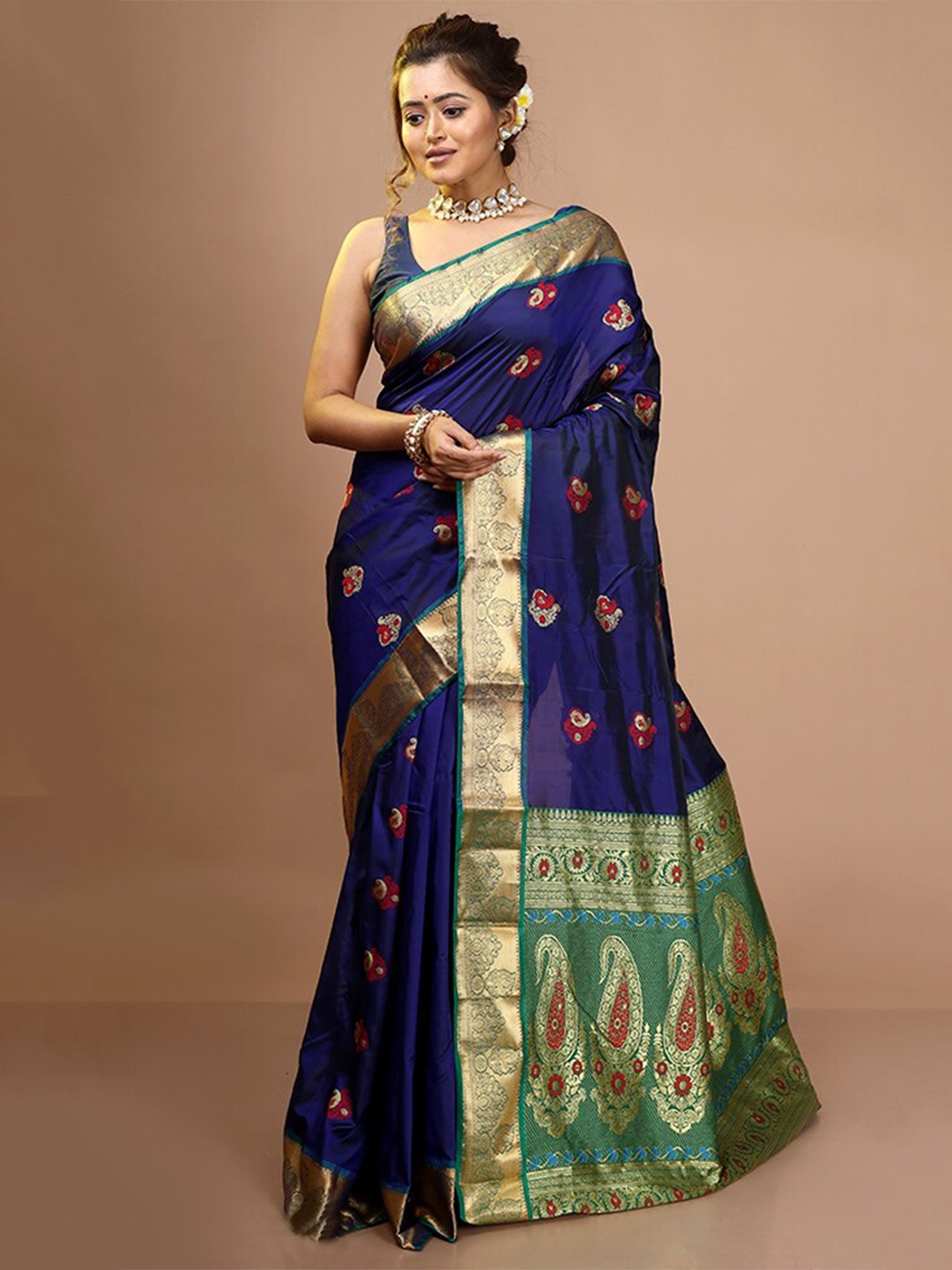 

AllSilks Pailey Woven Design Pure Silk Kanjeevaram Saree, Navy blue