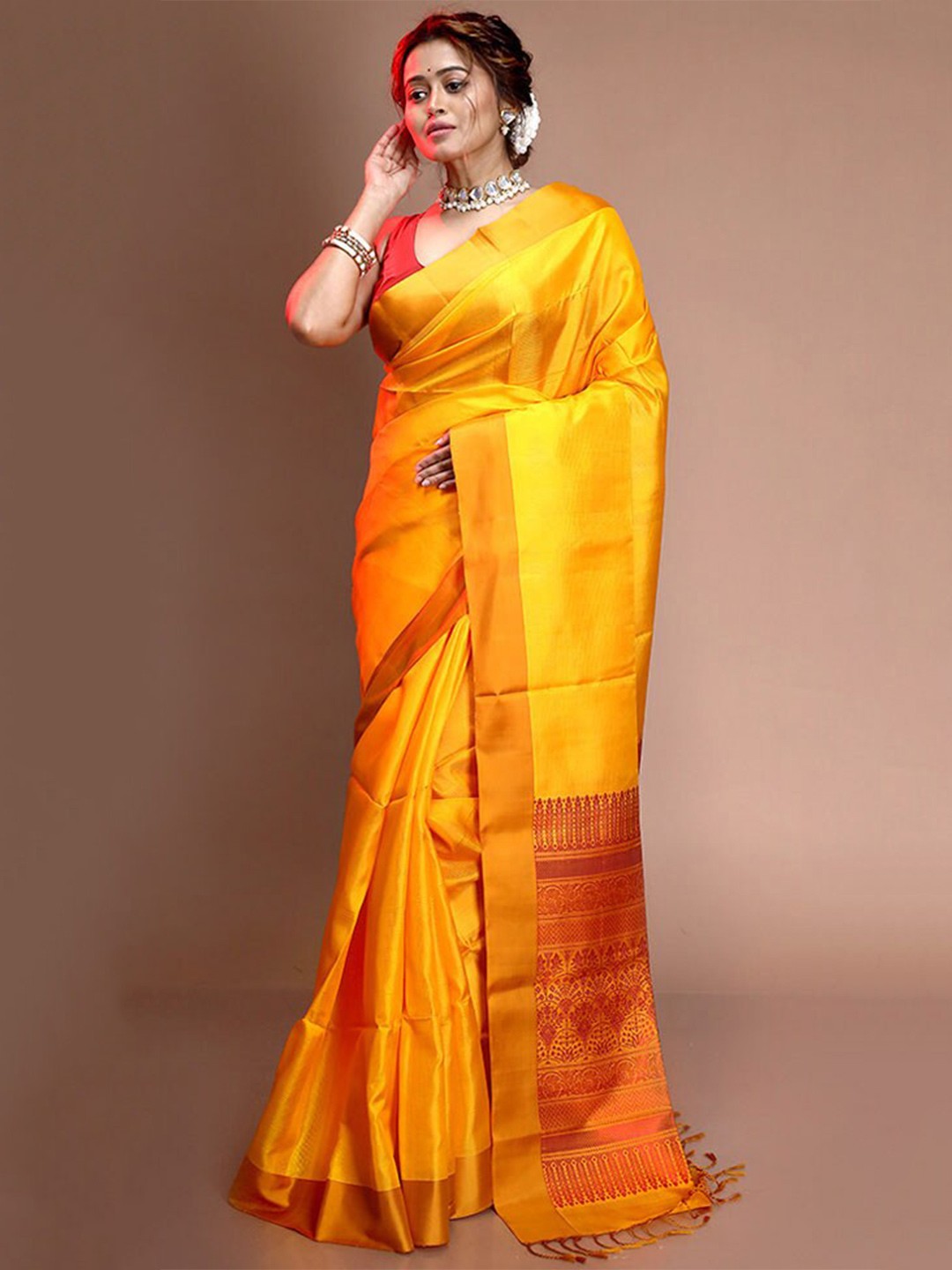 

AllSilks Pure Silk Kanjeevaram Zari Saree With Blouse Piece, Yellow