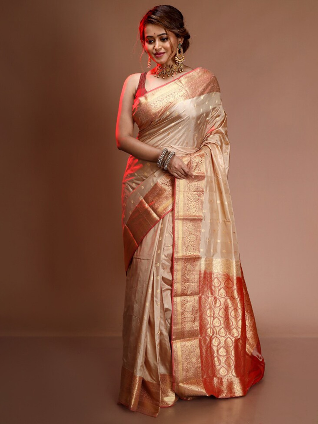 

AllSilks Ethnic Woven Design Zari Pure Silk Kanjeevaram Saree, Cream