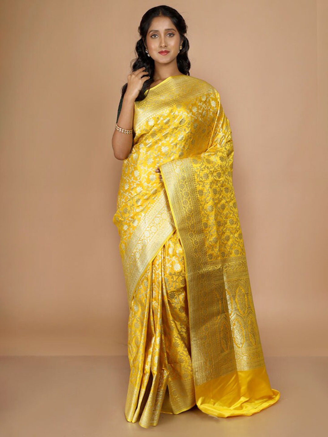 

AllSilks Ethnic Motif Pure Silk Banarasi Zari Saree With Blouse Piece, Yellow