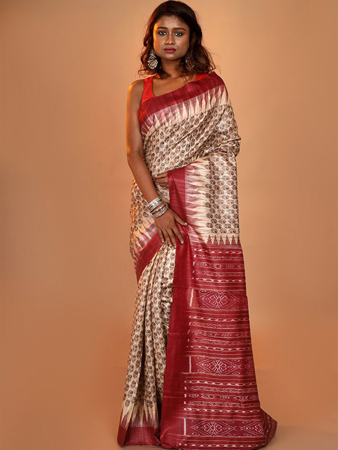 

AllSilks Ethnic Motifs Printed Pure Silk Tussar Saree, Beige