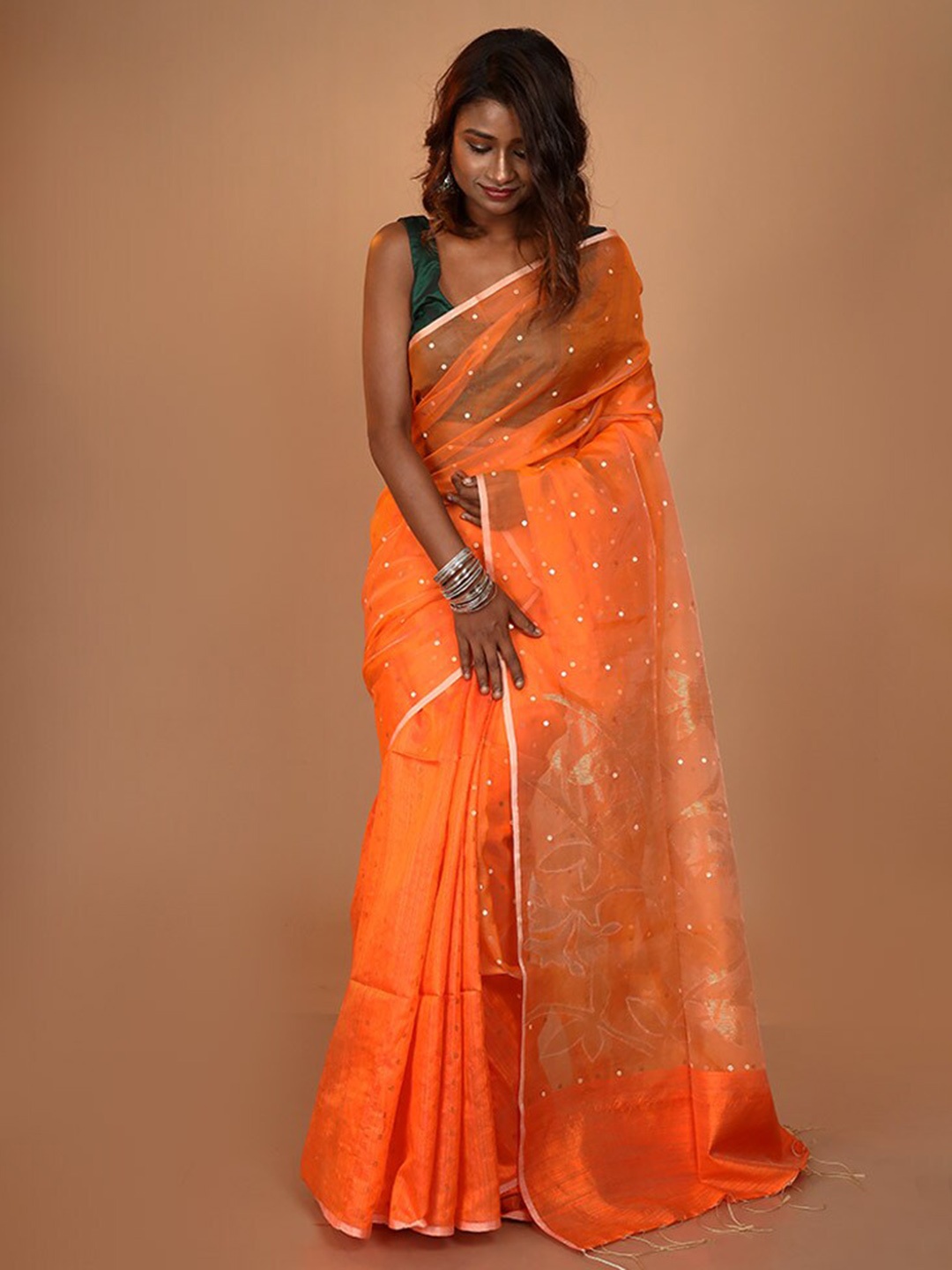 

AllSilks Geometric Woven Design Zari Pure Silk Saree, Orange