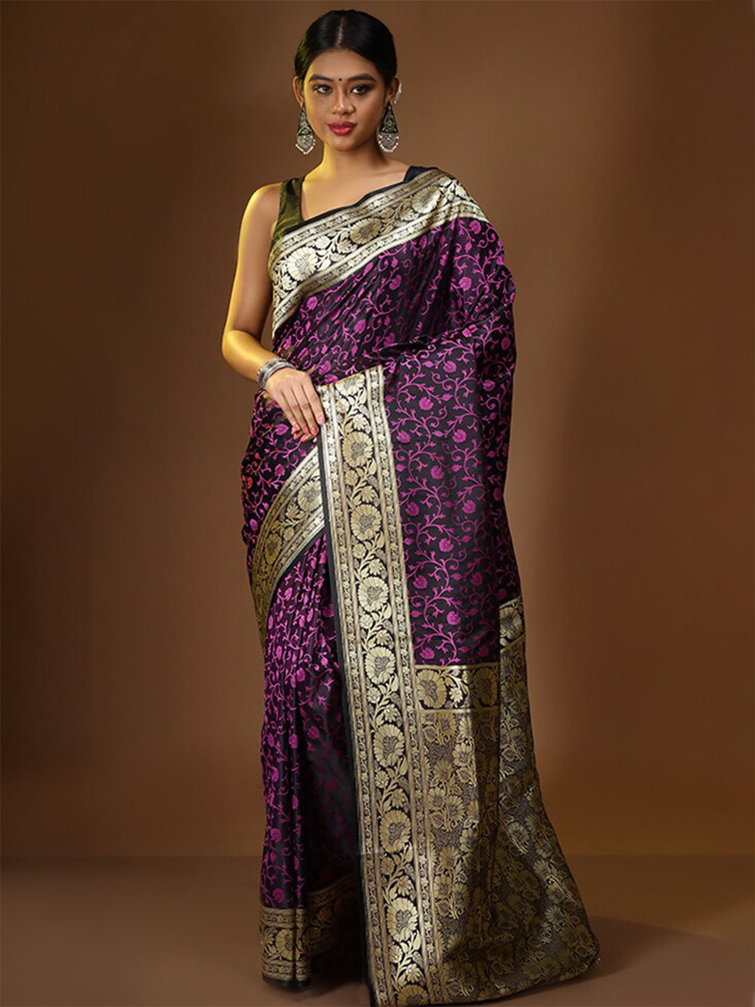 

AllSilks Floral Woven Design Zari Pure Silk Banarasi Saree, Black