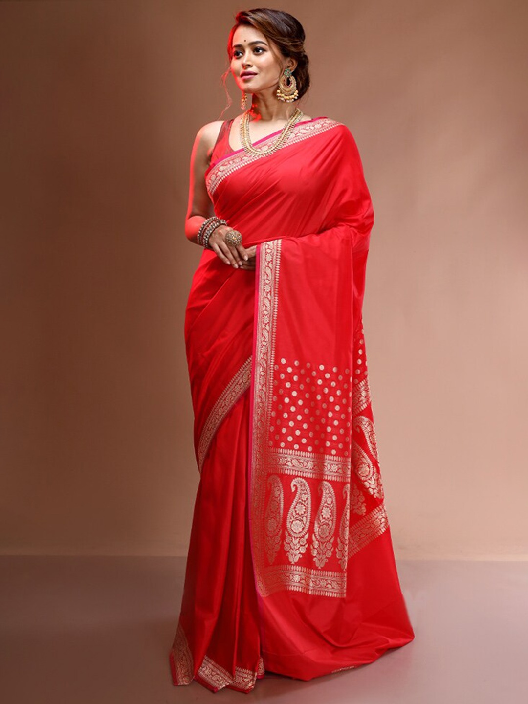 

AllSilks Red & Gold-Toned Zari Pure Silk Uppada Saree