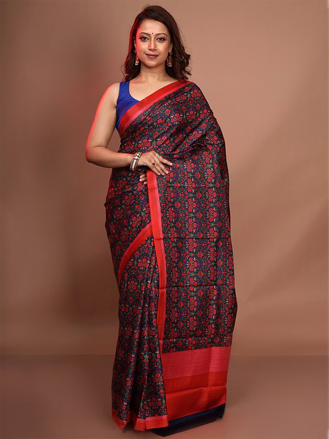 

AllSilks Navy Blue & Red Floral Pure Silk Saree