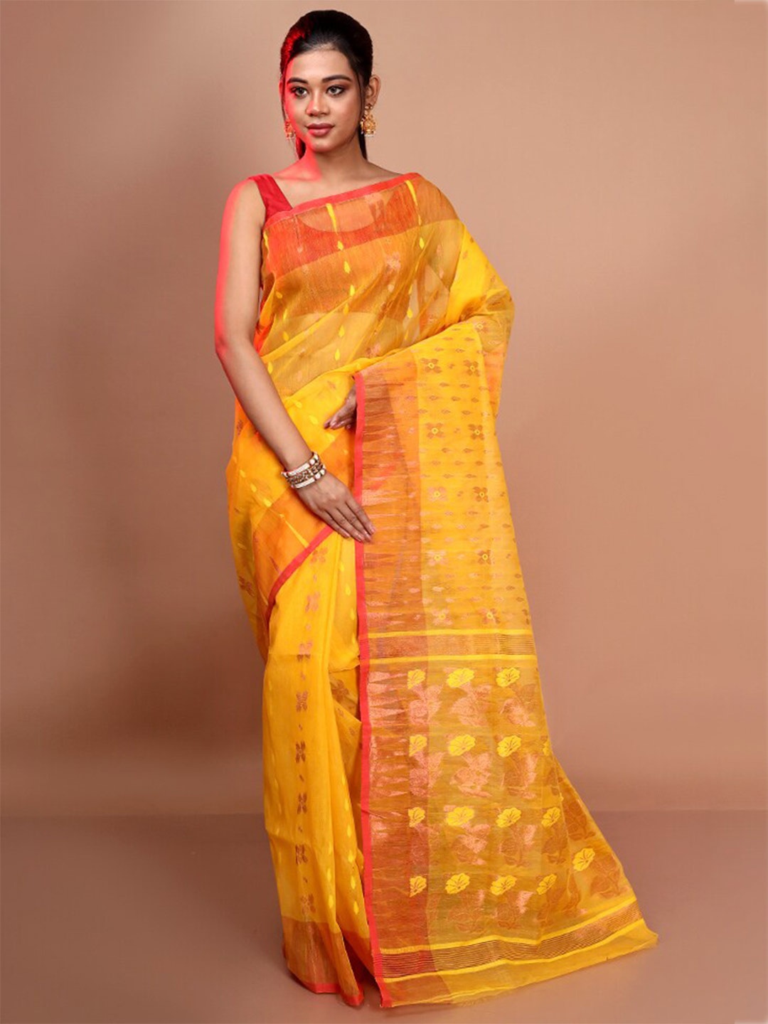 

AllSilks Floral Woven Design Zari Pure Cotton Taant Saree, Yellow