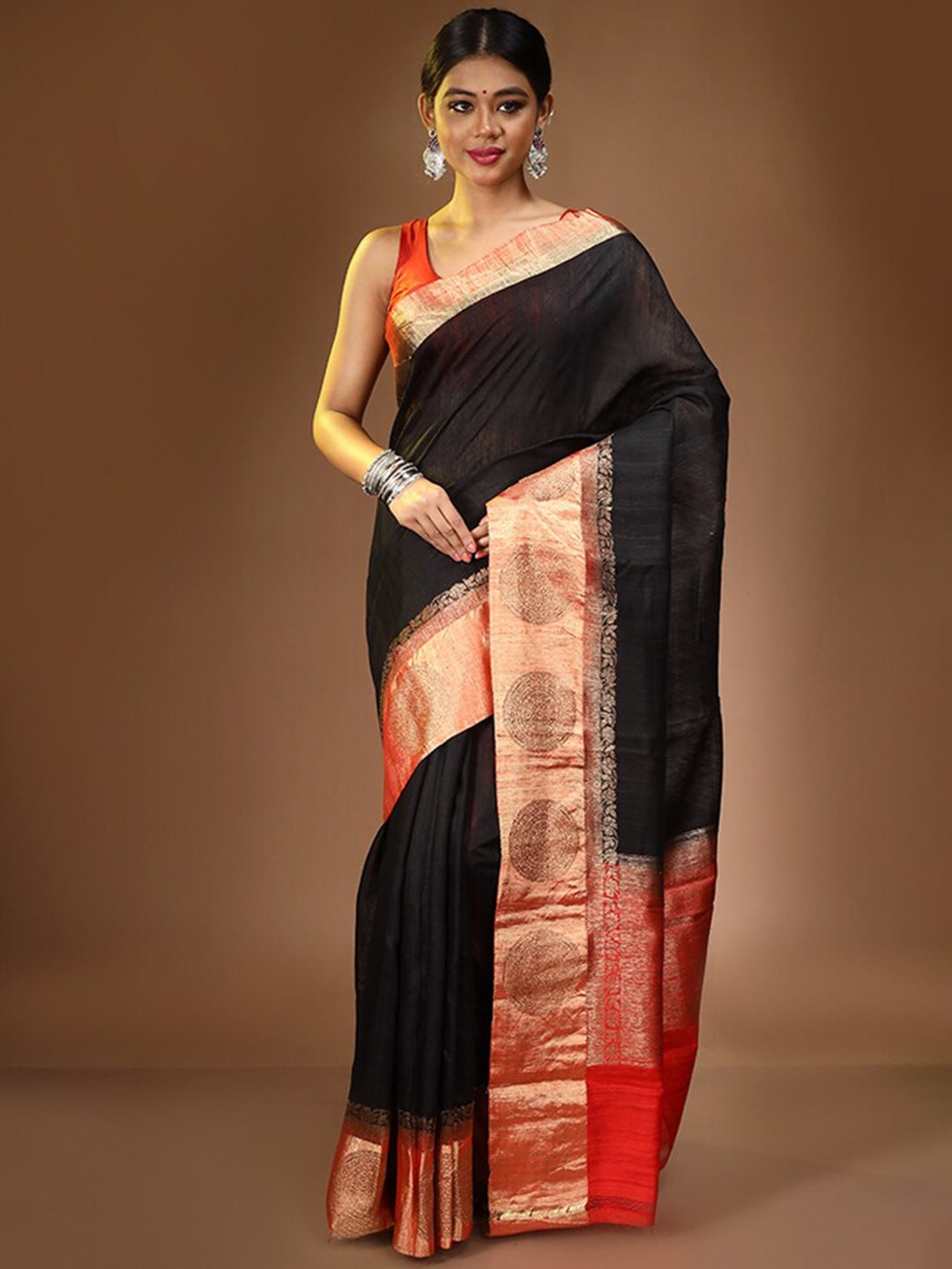 

AllSilks Zari Pure Silk Tussar Saree, Black