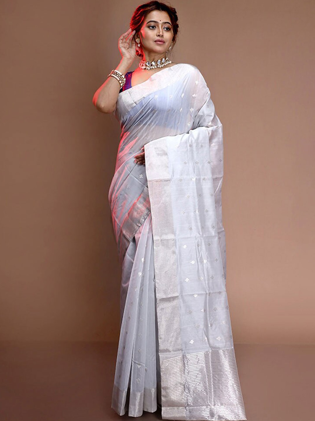 

AllSilks Ethnic Motifs Woven Design Zari Pure Silk Chanderi Saree, White