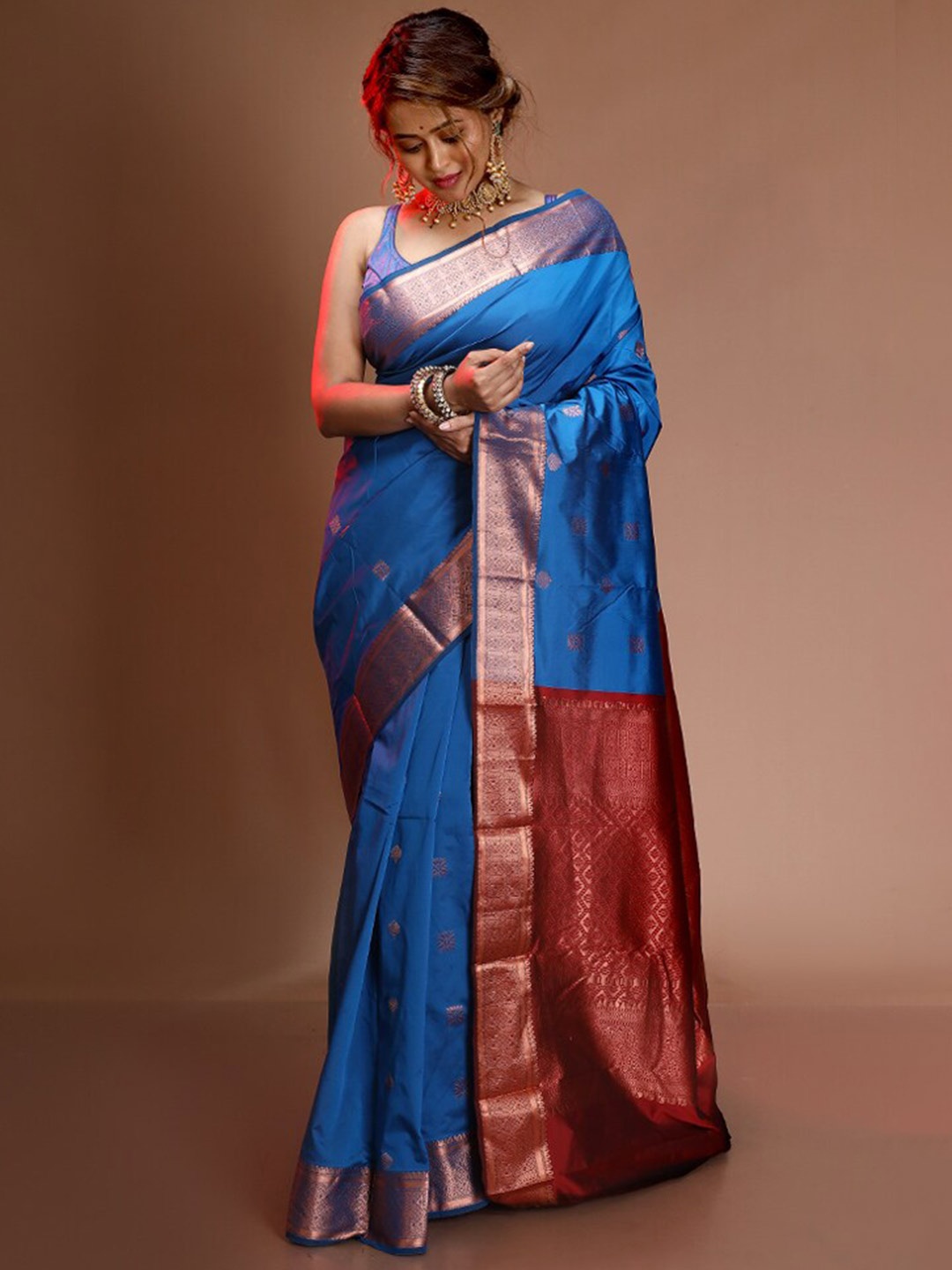 

AllSilks Ethnic Motifs Woven Design Zari Pure Silk Kanjeevaram Saree, Blue