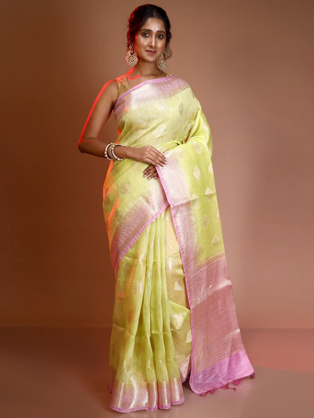 

AllSilks Ethnic Woven Design Zari Pure Silk Saree, Lime green