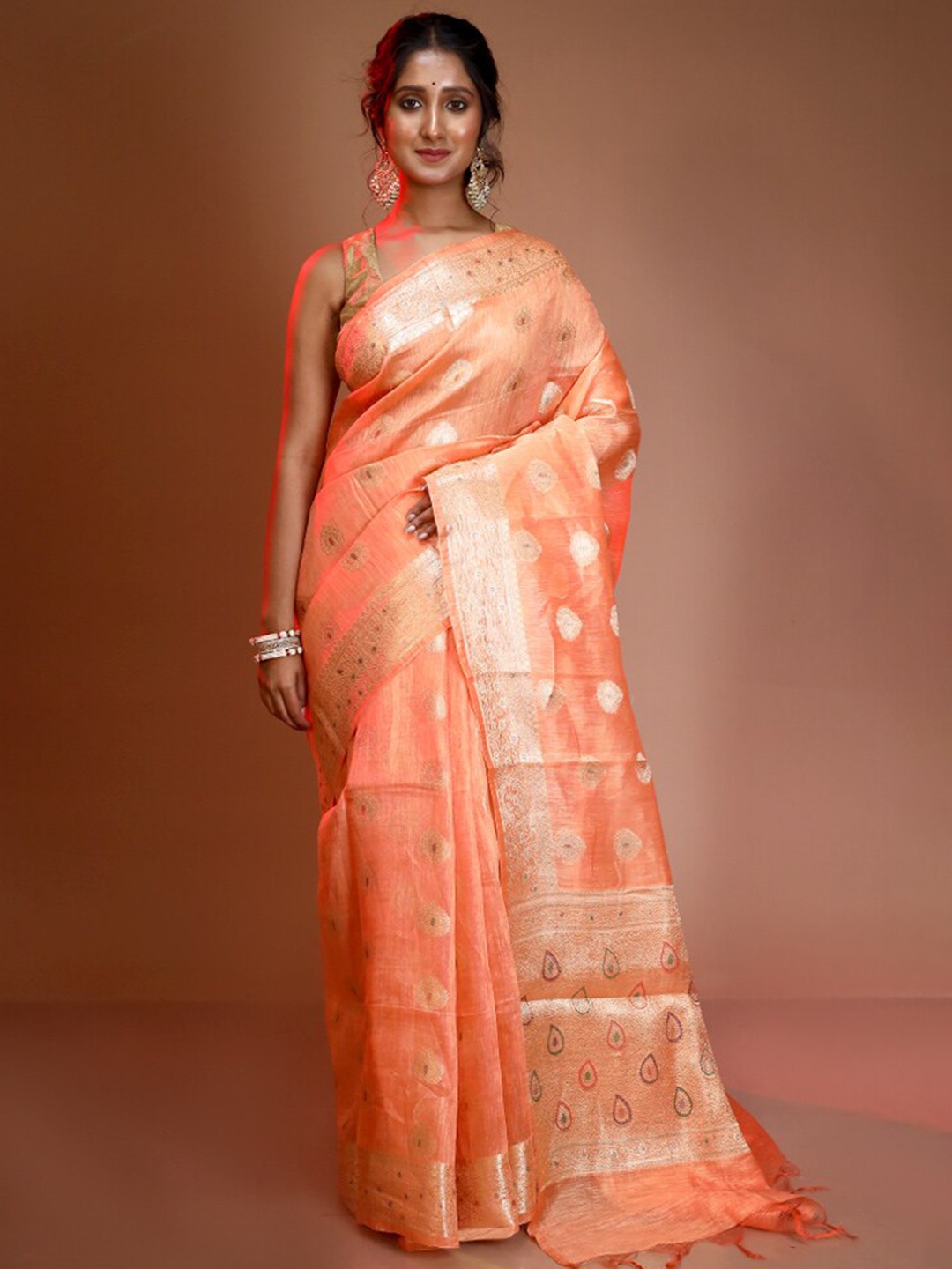 

AllSilks Ethnic Woven Design Zari Pure Silk Saree, Peach