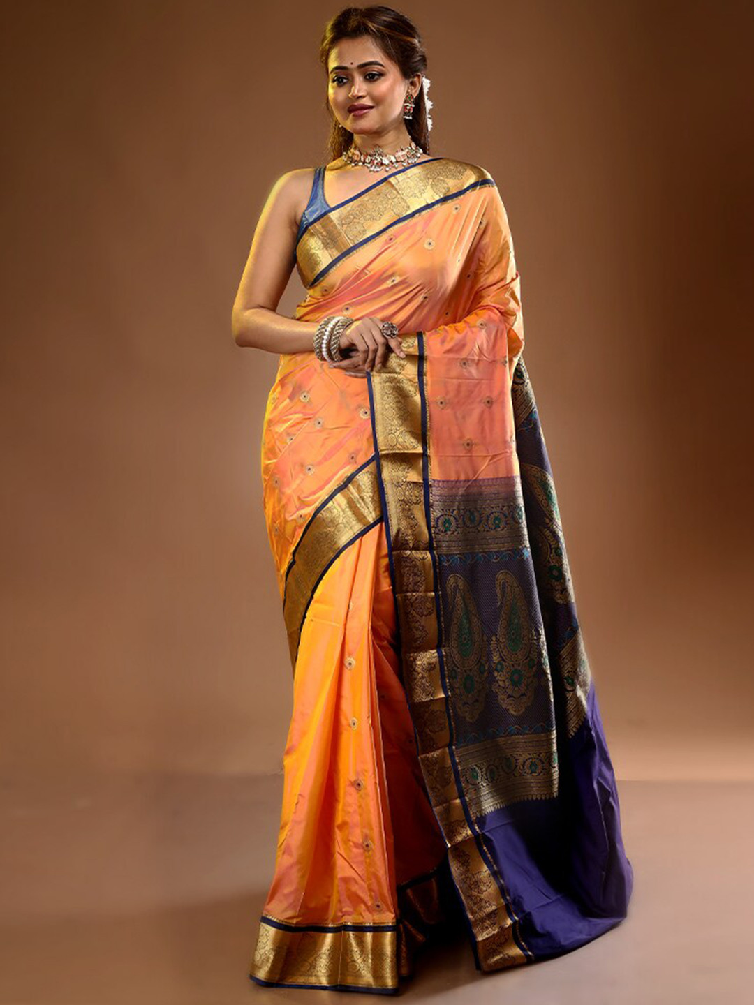 

AllSilks Woven Design Zari Pure Silk Kanjeevaram Saree, Peach