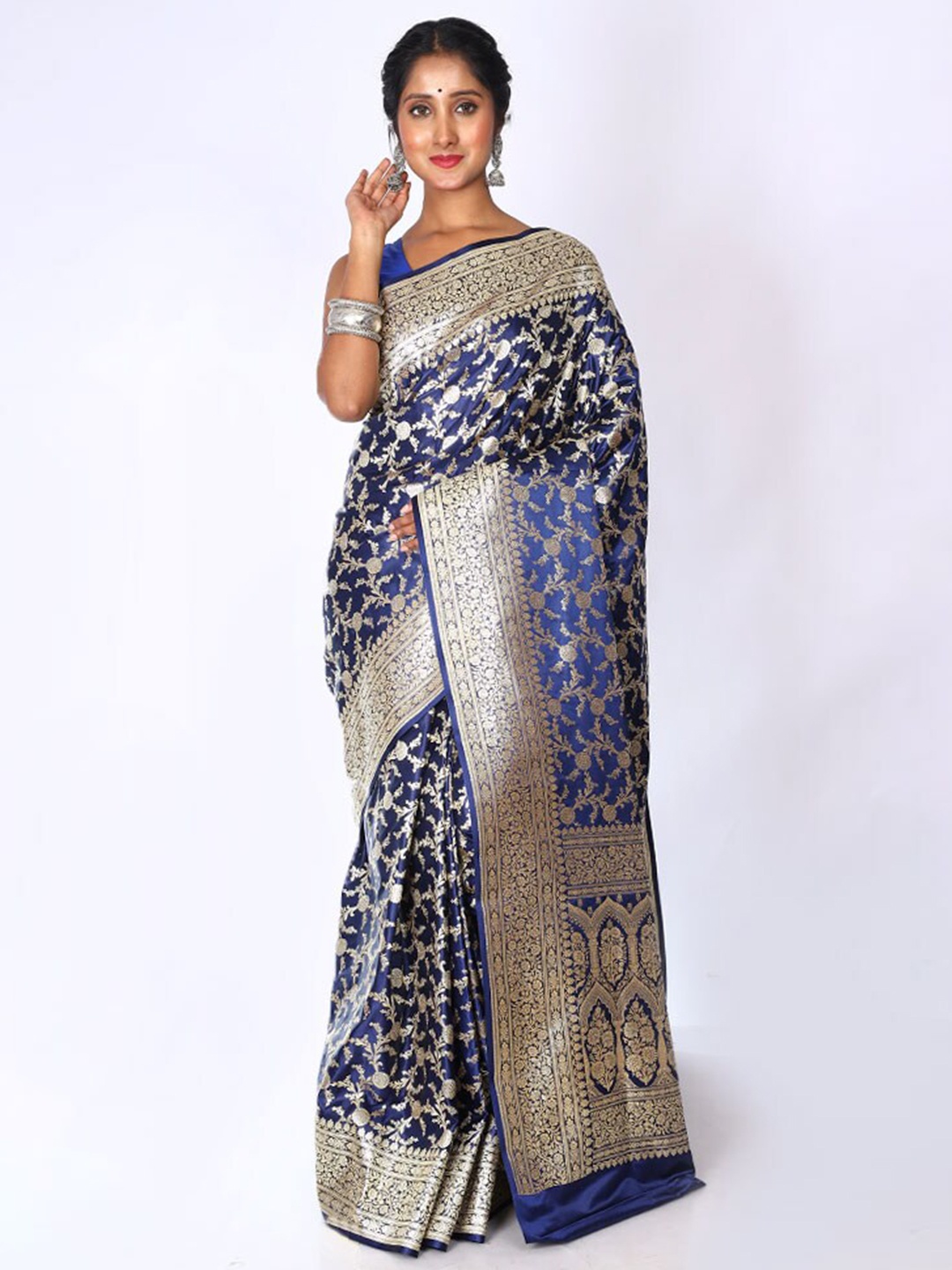 

AllSilks Floral Woven Design Zari Pure Silk Banarasi Saree, Navy blue