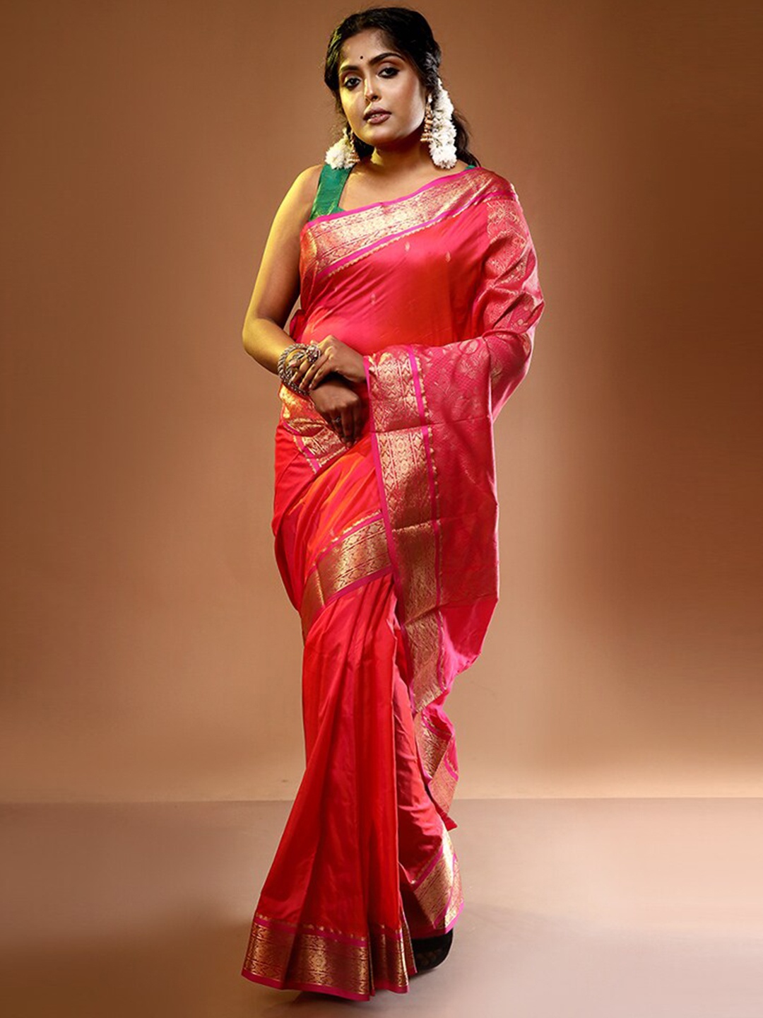 

AllSilks Pink & Gold-Toned Woven Design Zari Pure Silk Kanjeevaram Saree
