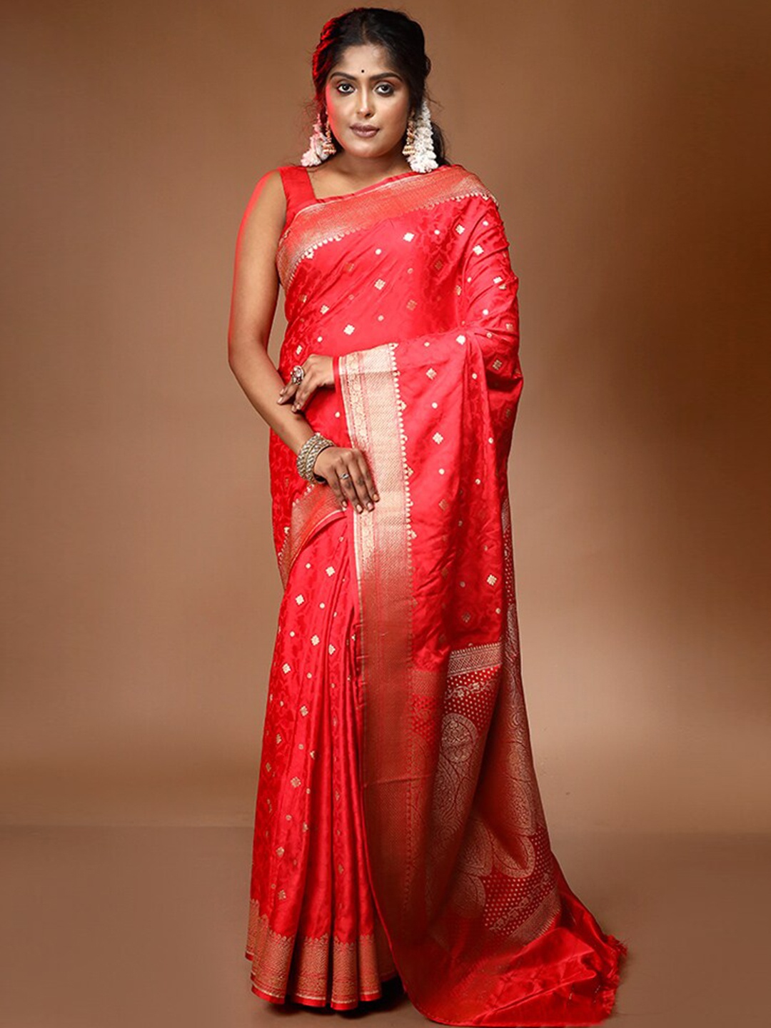 

AllSilks Red & Gold-Toned Woven Design Zari Pure Silk Banarasi Saree