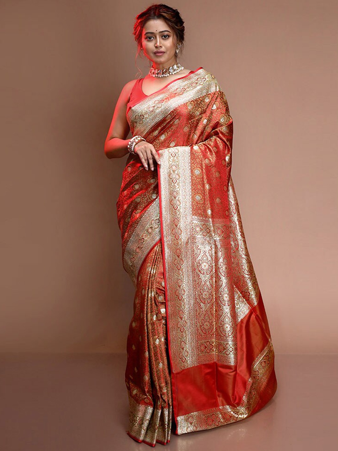 

AllSilks Red & Gold-Toned Woven Design Zari Pure Silk Banarasi Saree