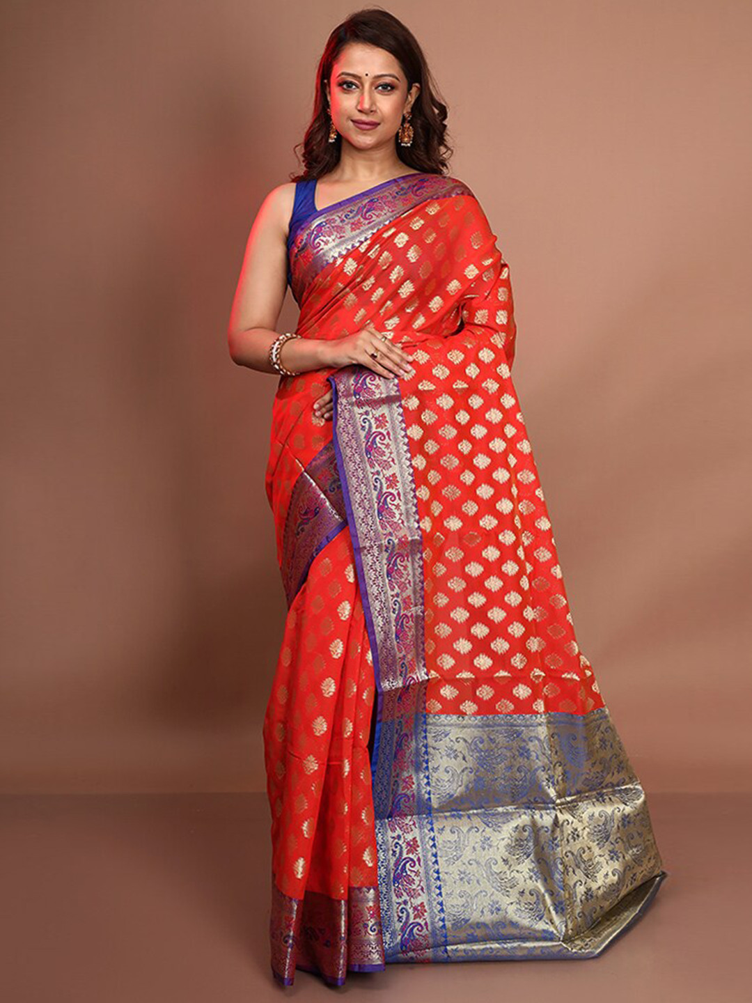 

AllSilks Rust & Gold-Toned Woven Design Zari Pure Silk Saree