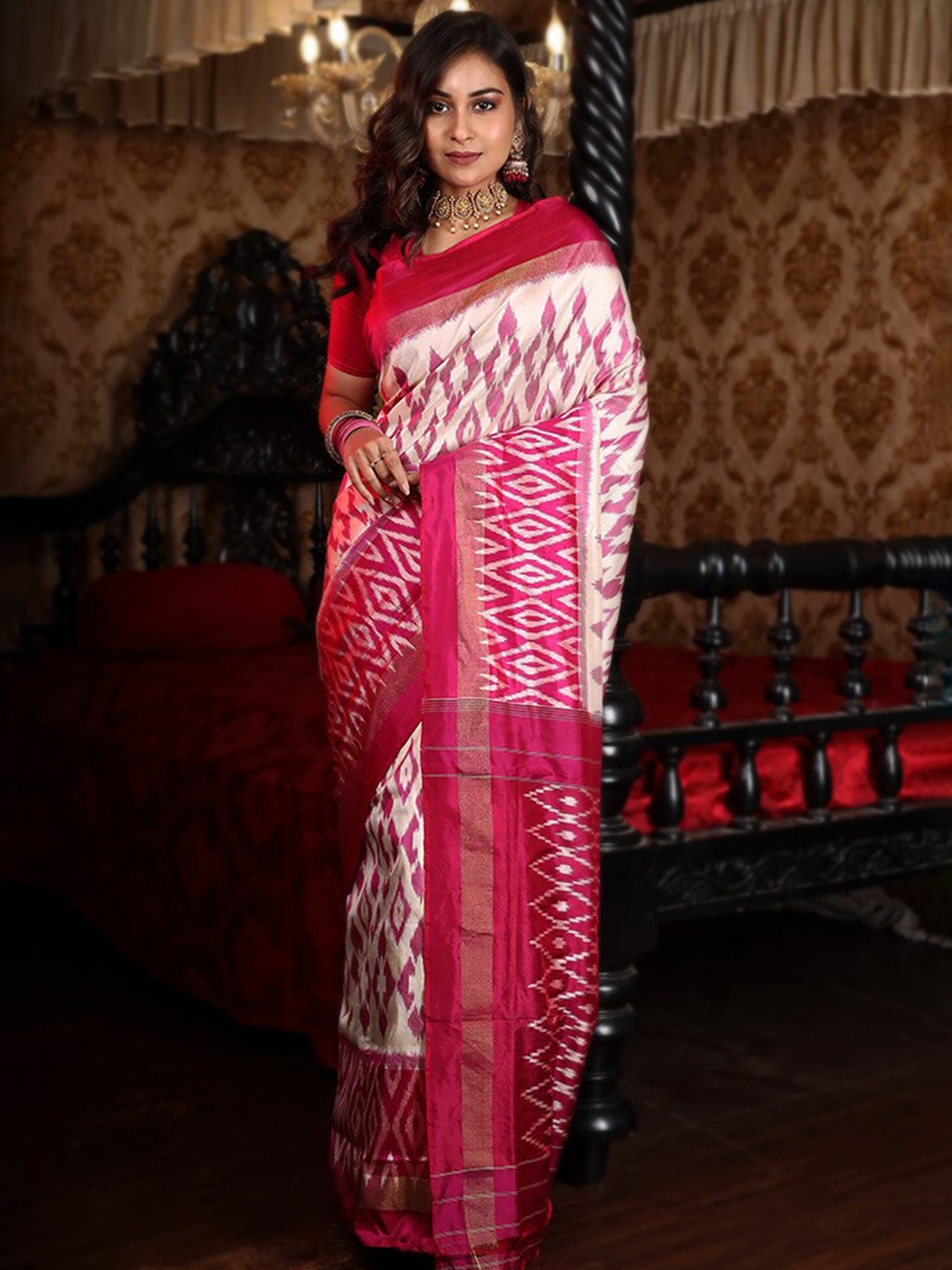 

AllSilks Ethnic Motif Printed Zari Pure Silk Ikat Saree, White