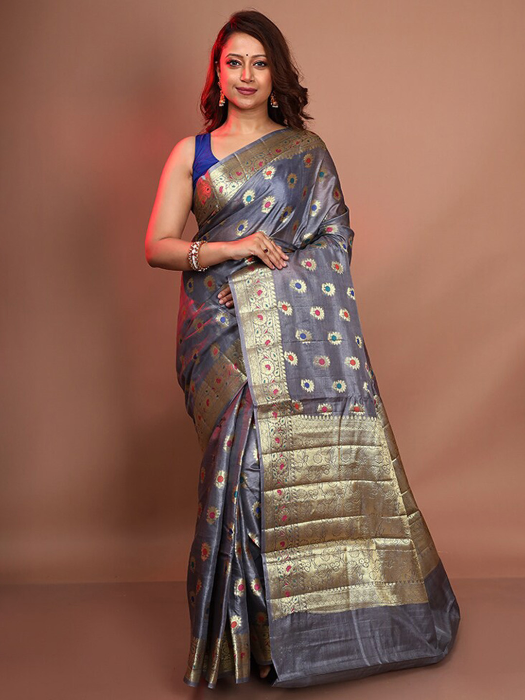 

AllSilks Floral Woven Design Zari Pure Silk Saree, Grey