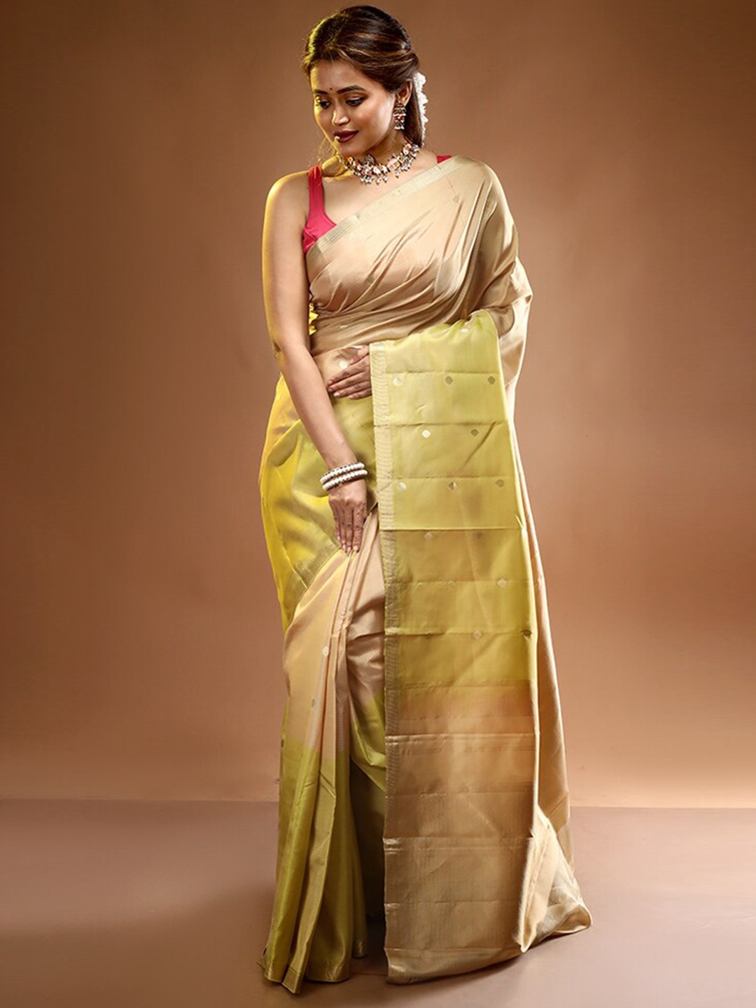 

AllSilks Beige & Green Woven Design Zari Pure Silk Kanjeevaram Saree