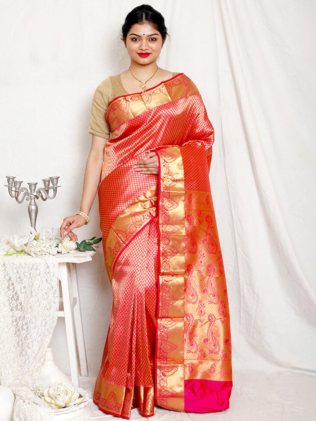 

AllSilks Woven Design Zari Pure Silk Kanjeevaram Saree, Pink